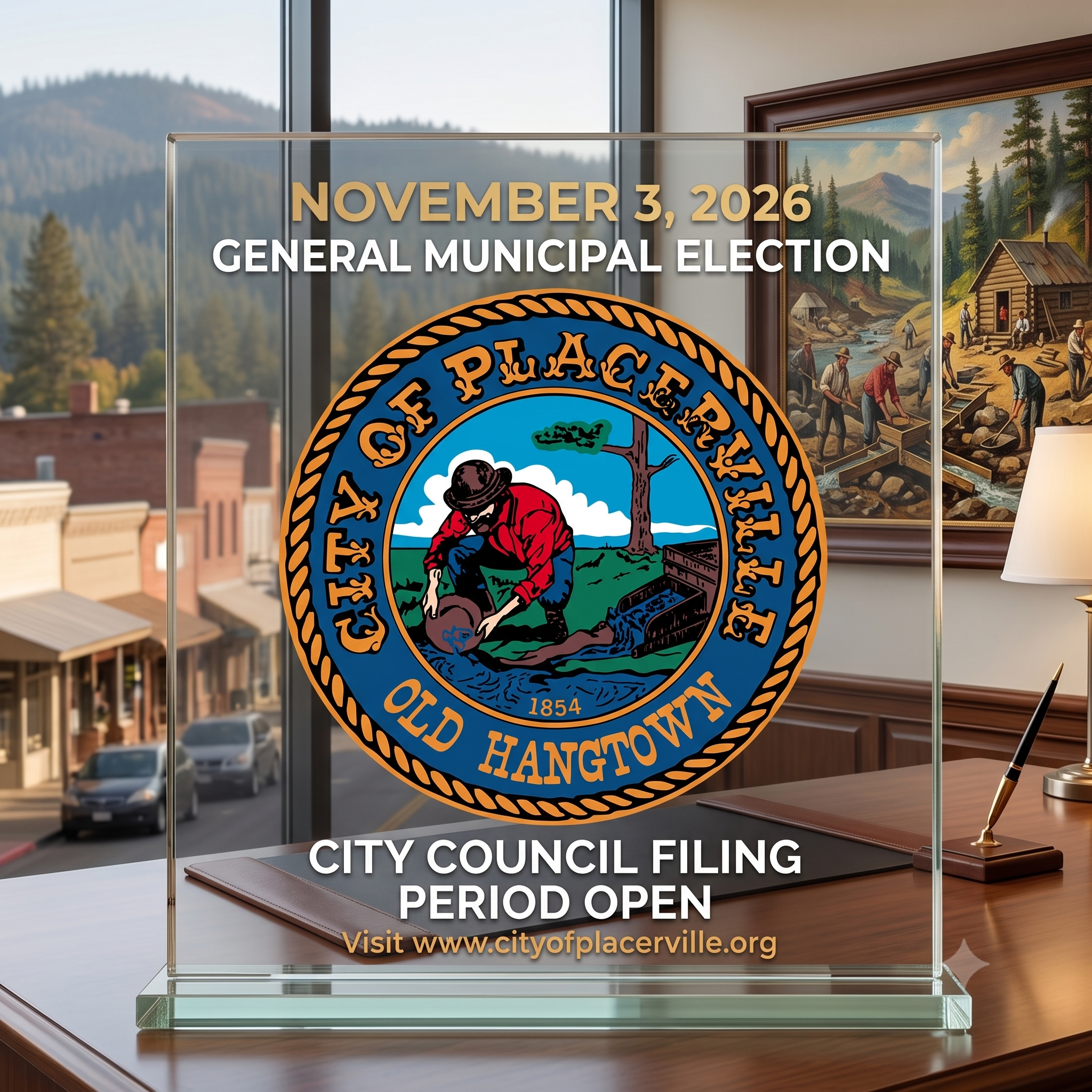 A digital graphic presented as a clear glass plaque resting on a polished dark wood desk in an office setting. Through a window in the background, a soft-focus view of a historic downtown street and forested hills is visible. Inside the office, a framed painting of gold miners hangs on the wall. The glass plaque prominently features the official seal of the City of Placerville, California, showing a miner panning for gold. Text engraved on the plaque reads: "NOVEMBER 3, 2026 GENERAL MUNICIPAL ELECTION" at the top, and "CITY COUNCIL FILING PERIOD OPEN. Visit www.cityofplacerville.org" at the bottom.